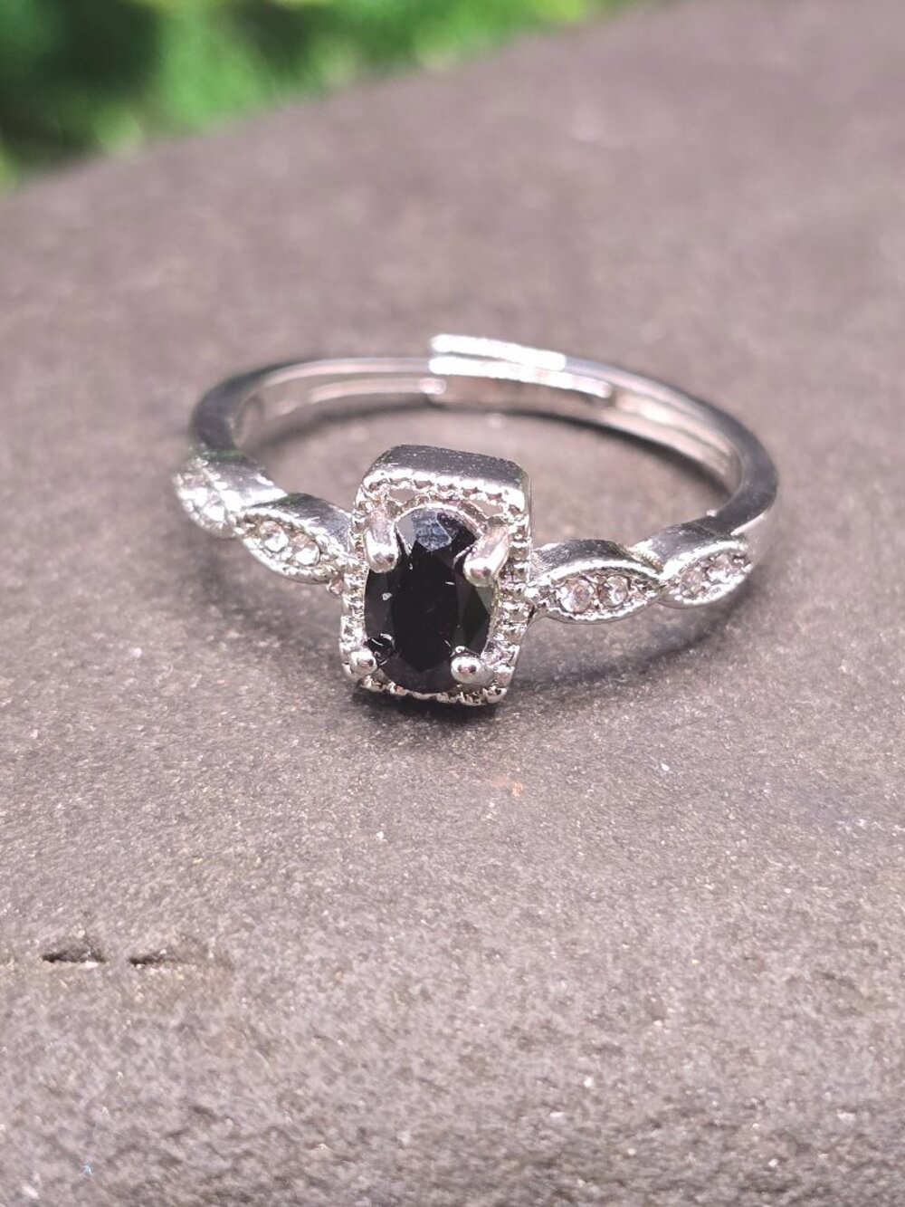 Black Obsidian Adjustable Ring Size 6-10 Silver Tone Statement Jewelry